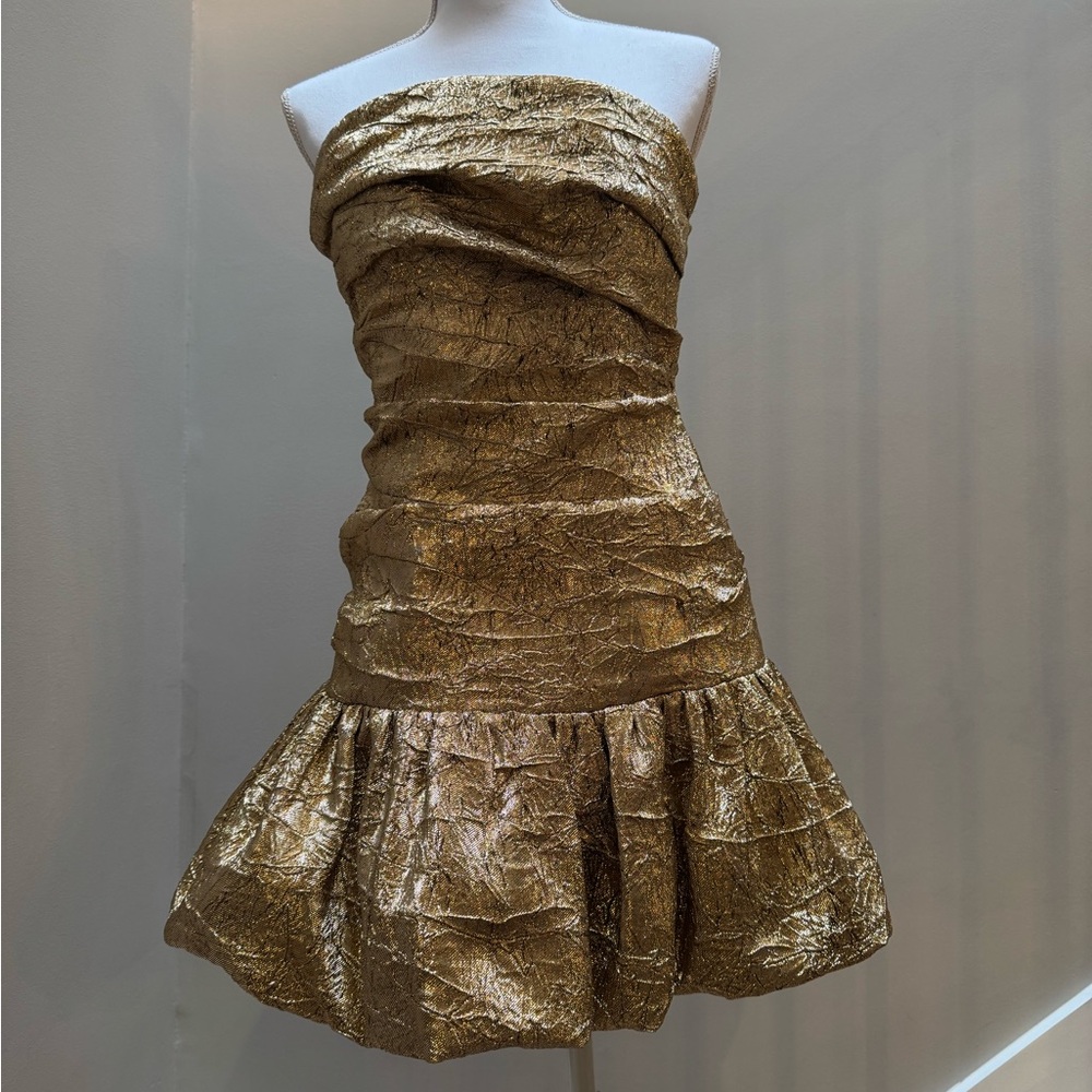 NADINE MERABI Gold Textured Strapless Dress